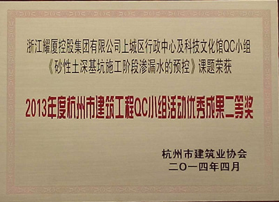 杭州市建筑工程QC小組活動優(yōu)秀成果二等獎